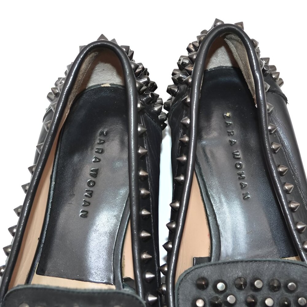 ZARA Spiked Studded Soft Black Real Genuine Leather Loafers Oxford Shoes 6.5 - Picture 6 of 9